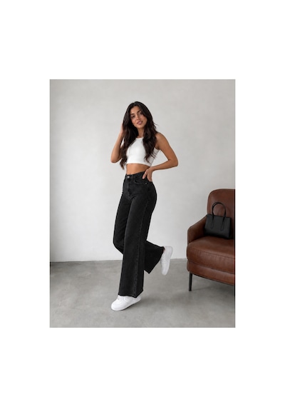 Kene Jeans Siyah Paça Kesik Yüksek Bel Boru Paça Kot/denim Jeans Pantolon Siyah