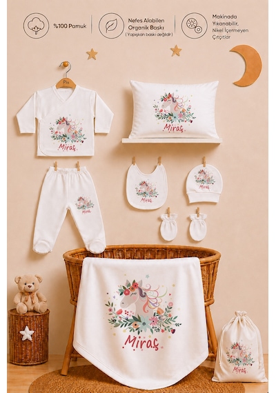 Pia Baby Kişiye Özel %100 Pamuk Kız Bebek Hastane Çıkışı Zıbın Seti 8 Parça Kese Hediyeli 2076zybk0x Krem