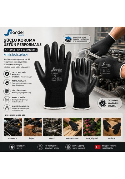 Sander G-111330 Nitril İşçi Eldiven - No 9 Medium Siyah Beyaz Başlık- 10'li Paket