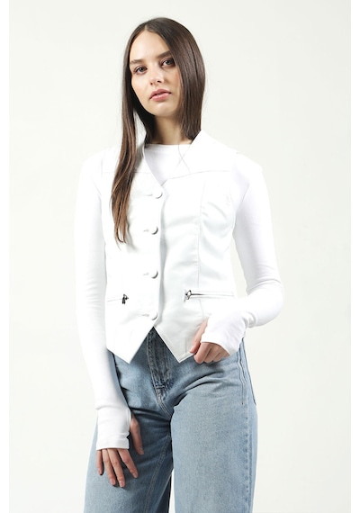 Dericlub Vittoria Kadın Düğmeli Slim Fit Hakiki Deri Yelek Beyaz