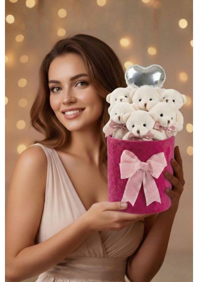 Sevgililer Günü Ne Özel: Premium Kalp Balonlu Deluxe Peluş Fuşya Ayıcık Buketi Özel Kutulu Tasarım