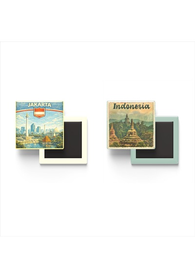 9x9 Cm Buzdolap Magnetleri - Endonezya - Indonesia - 2'li Retro Ve Pul Seti