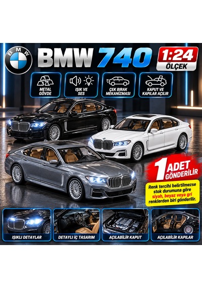 Bmw 740 Metal Gövdeli 1/24 Ölçek Sesli Işıklı Model Araba Çek Bırak 1 Adet