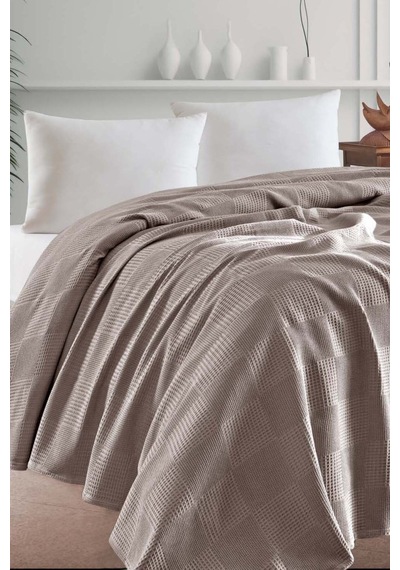 Eponj Home Çift Kişilik %100 Pamuk Pike Örtü 200x230 Cm Karo Desenli Camel Weave Serisi Camel