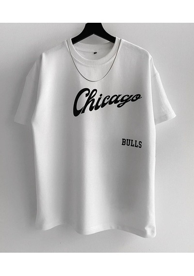 Flood Of Style Erkek Beyaz Bulls Baskılı Oversize Bisiklet Yaka T-shirt