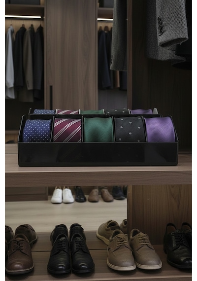 10 Bölmeli Kemer Organizer, Çorap, Kravat, Takı, Makyaj, Çekmece, Dolap İçi Depolama Siyah