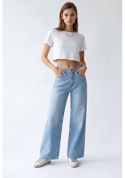 Mixray 2164 Kadın Yüksek Bel Palazzo Geniş Paça Denim Pantolon Mavi