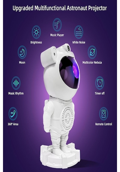 Projeksiyon Gökyüzü Gece Lambası Astronot Bluetooth Hoparlör Hareketli Galaxy Bulutsu Zamanlayıcılı Beyaz