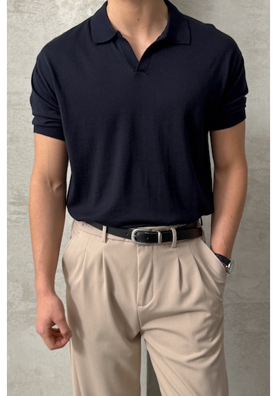 Erkek Oversize Pamuklu Polo Yaka Triko T-shirt Lacivert