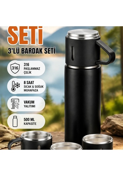3'lü Siyah Termos Ve Bardak Seti 500 Ml 316 Paslanmaz Çelik Vakum Yalıtımlı Çok Renkli