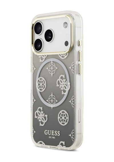 Apple Uyumlu iPhone 17 Pro  Kılıf Guess Lisanslı M-safe Özellikli Simli Peony Desenli Silikon Kapak Siyah Siyah