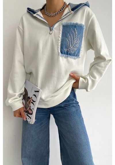 Femelle Kadın Yeni Sezon Inci Zımbalı Kot Detaylı Kapüşonlu Oversize Sweatshirt Ekru