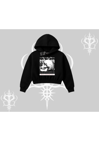 Kapşonlu Crop Sweatshirt Rebellion Skull Underground Street Legacy Siyah