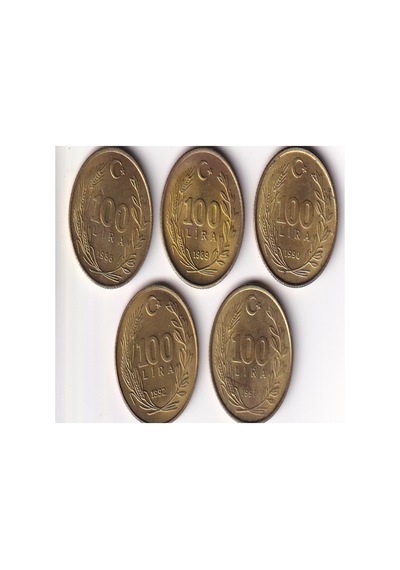 Türkiye 1988-89-90-91-92 Yılı Tedavül 100 Lira Çil Unc Koleksiyon Para