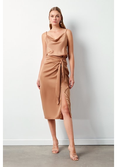 Sateen Yırtmaçlı Saten Etek - Camel