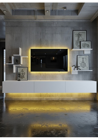 Resital Duvara Monte Ledli 270 Cm Tv Ünitesi Duvar Raflı - Ll6045 Beyaz