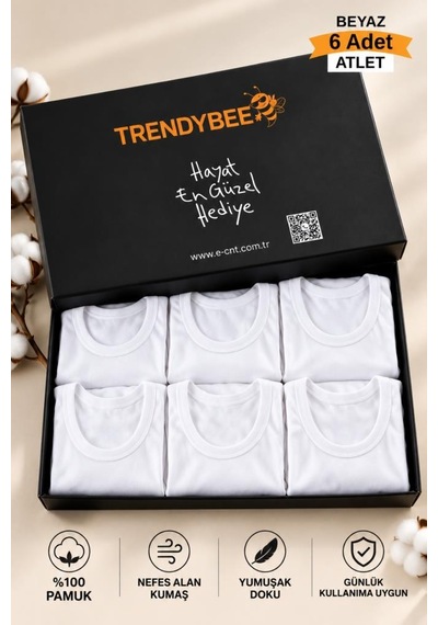 Trendybee Erkek Beyaz Atlet 6'lı Paket Premium Kutusunda %100 Pamuklu Erkek Rahat Yaka Günlük Kullanım