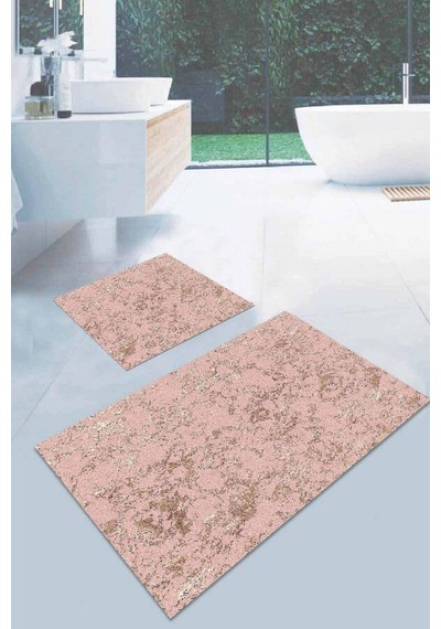 Pembe Mermer Görünümlü Banyo Halısı Klozet Paspas Seti Bs022n11