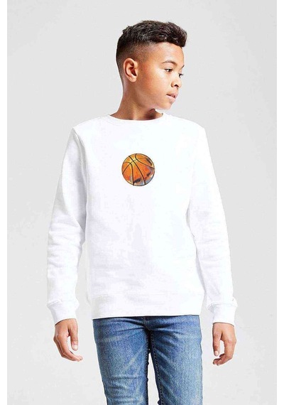 Tshirthane Basketball Clipart With Splatter Baskılı Unisex Çocuk Beyaz Swea Beyaz