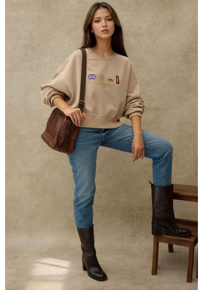 Hiccup İşlemeli Yuvarlak Yaka Sweatshirt Natural