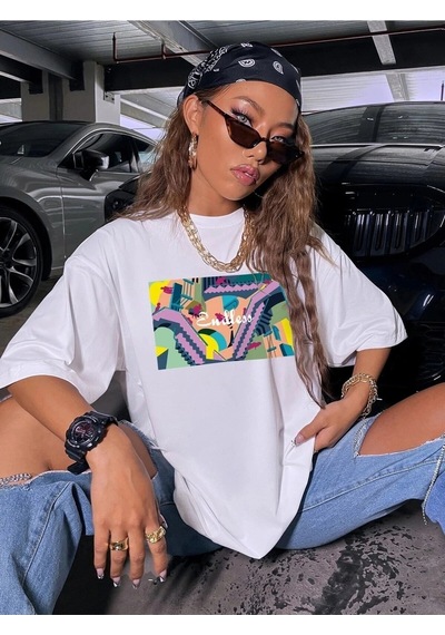 Startmore Kadın Siyah Oversize %100 Pamuk Endless Baskılı T-shirt Beyaz