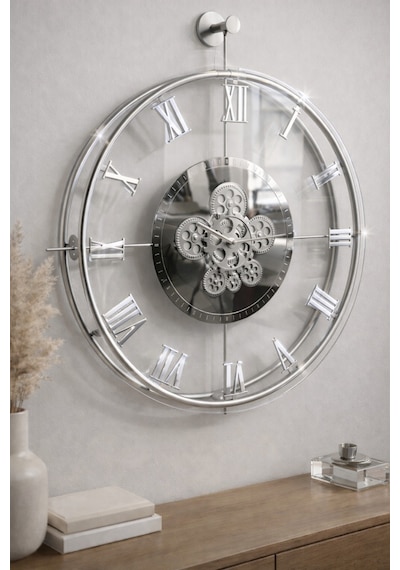 Metaquartz Aksesuar Premium Gümüş Dönence - Çarklar Dönmektedir - Metal Çarklı Duvar Saati Gümüş