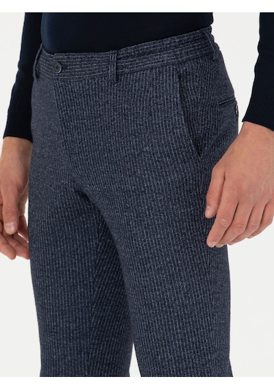 Cacharel Lacivert Ex. Slim Fit Yün Kaşmir Karışımlı Beli Bağcıklı Çizgili Kumaş Pantolon
