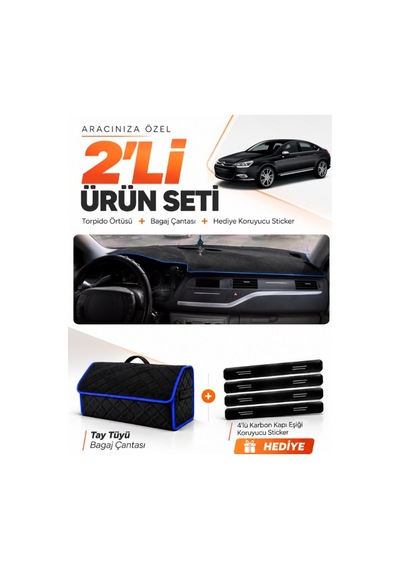 E-biz Cıtroen C5 2008-2015 Uyumlu Torpido Örtüsü + Tay Tüyü Bagaj Çantası - Siyah-mavi - Cı003