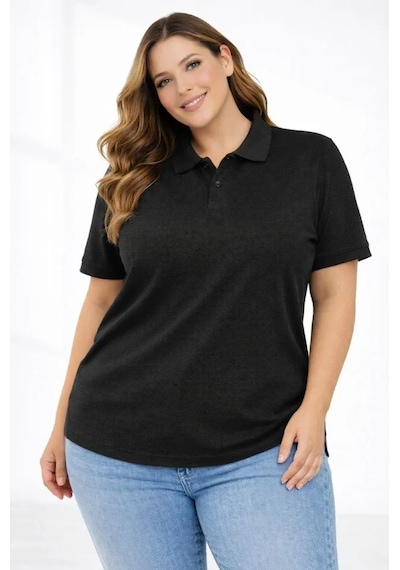Buğrahayalin Pike Kumaş Düğmeli Yaka Battal Büyük Beden Günlük Kısa Kol Tişört T-shirt - Siyah Siyah