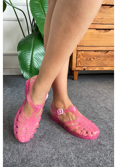 Ruby Simli Pembe Kemer Detay Kadın Sandalet Simli Pembe