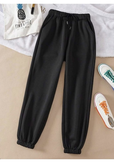 Unisex Siyah 2iplik Paçası Lastikli Jogger Eşofman Altı Siyahlastikli