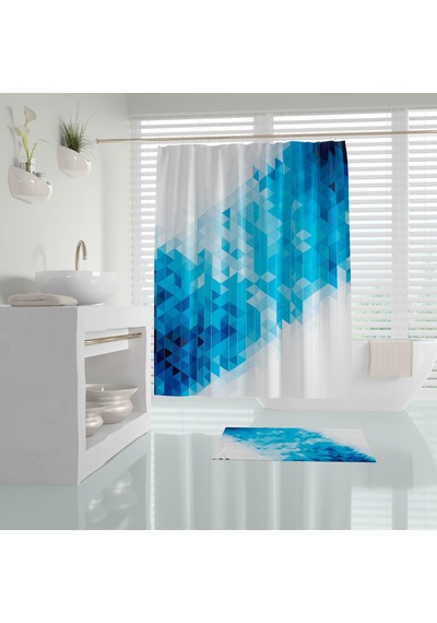 Banyo Paspas Ve Tek Kanat Duş Perdesi 1x180x200 Set Banyo Halısı Blue Square Beyaz