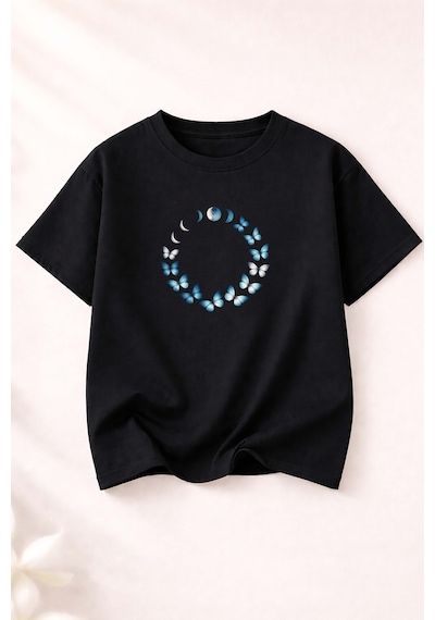 Herkesemoda Kelebek Döngüsü Baskı Detaylı Kadın Bisiklet Yaka Pamuklu T-shirt Siyah