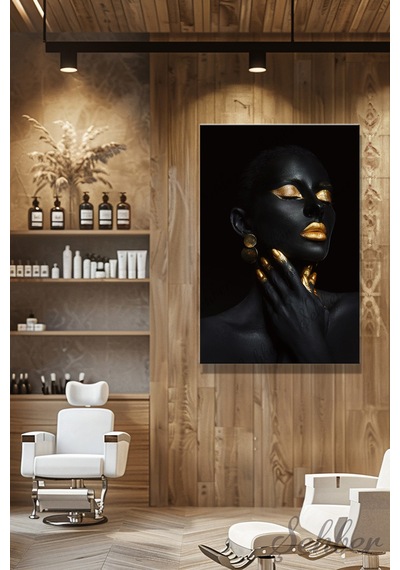 Dekoratif Dikey Kanvas Tablo Tekli Kuaför Güzellik Salonu Makyaj Nail Art Gold Efekt Kadın Portre-8