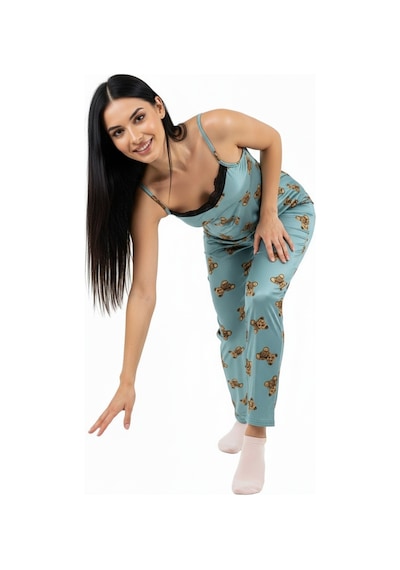 Altı Uzun Üstü Askılı Yumuşak Ayıcık Desenli Pijama Takımı Turkuaz