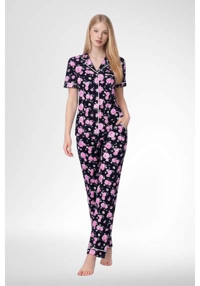 Mecit Pijama Mecit 6353 Lacivert Çiçekli Boydan Düğmeli Kadın Pijama Takımı