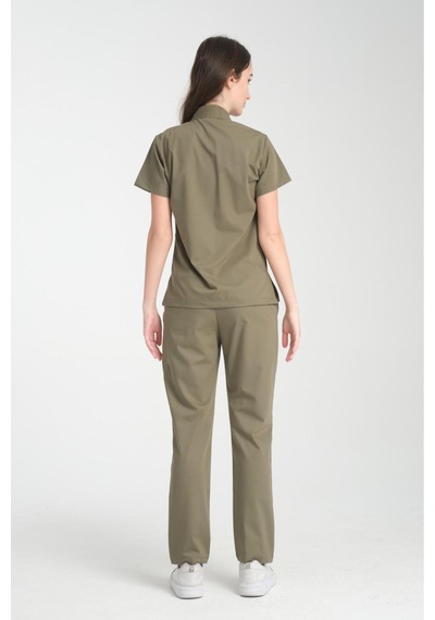 Üniforma Haki Renk Polo Yaka Unisex Likralı Ütü İstemeyen Doktor Hemşire Takım Scrubs Haki