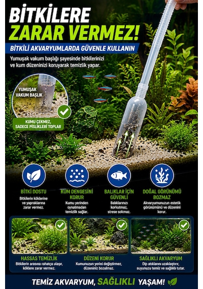 Manuel Pompalı Akvaryum Dip Temizleyici Su Değişim Sifonu Kum Temizleme Hortumu Elektriksiz 150 Cm