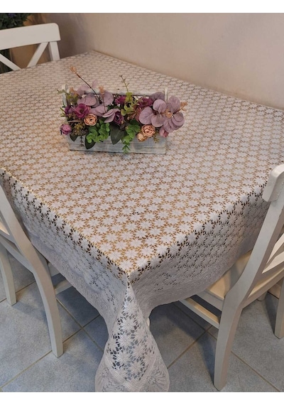 Dantel Kenarlı 120x150 Cm Pvc Muşamba Silinebilir Papatya Desenli Masa Örtüsü Beyaz
