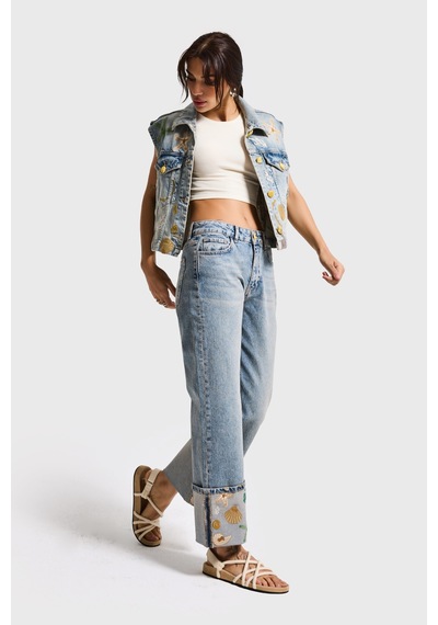 it's basic Kadın Kot Rengi 4s6-65 Straight Fit Corn Turn Up Elastan Kumaş Paça Nakışlı Tasarım Denim Jean Mavi