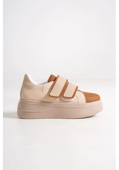 Mevese Vera Çift Cırtlı Kadın Günlük Sneaker Kalın Taban Rahat Ayakkabı - Taba Ten