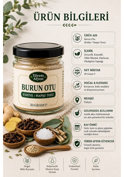 Yörem Afyon Saray Hekimlerinin Ferahlatan Mucizesi Hakiki Burun Otu, Enfiye, Hapşu Tozu 20gr.