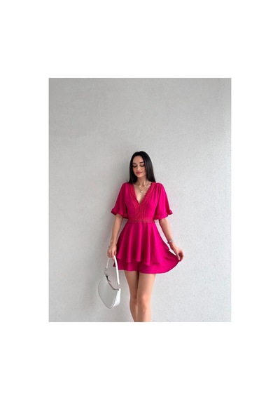Munora Butik Sırt Dekolteli Brode Detaylı Fuşya Tulum Elbise Fuşya Fuşya