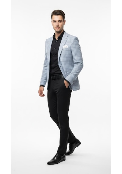 Plus Scorpion Erkek Keten Ekose Blazer Ceket Mono Yaka Tek Düğmeli Çift Yırtmaçlı Mavi