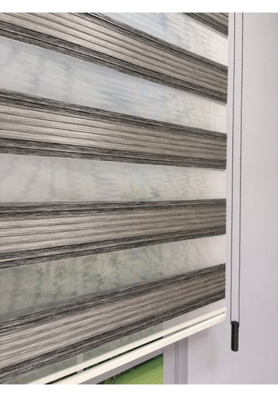 Lora Serisi Çift Katmanlı Zebra Stor Perde Gri Melanj Şeritli, Işık Kontrollü