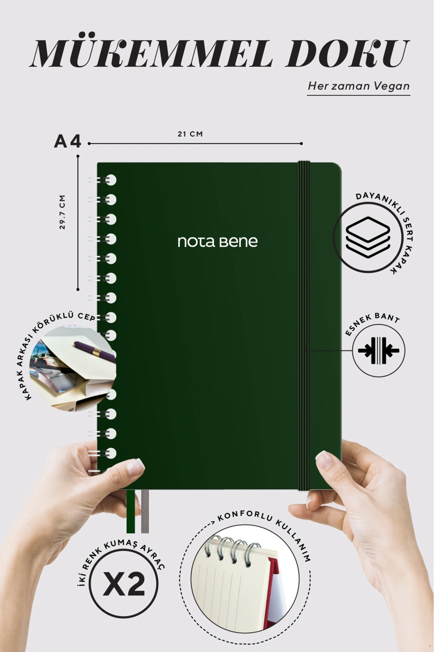 Nota Bene Spiralli Premium Sert Kapak Defter, 21x29,7 Cm, Çizgili Yeşil