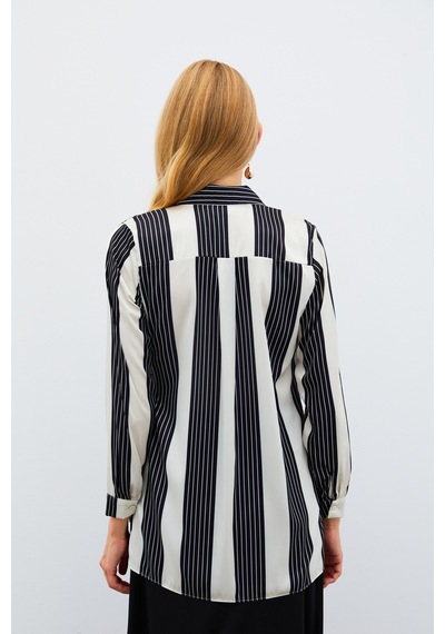 Sateen Çizgi Desenli Gömlek - Siyah-134968 Siyah