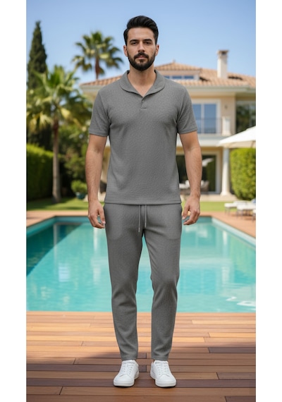 Fifty Color Unisex Trend Bürümcük Krinkıl Kumaş Yazlık Likralı Kısa Kol Tişört Eşofman Takım Gri