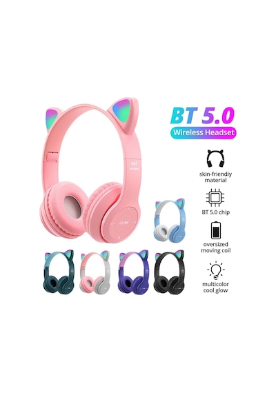 P47m Kedi Kulaklı Bluetooth Kulaklık Rgb Led Işıklı Kablosuz Kulaküstü Şarjlı Kulaklık Hafıza Kartı Ve Aux Girişli Mikrofonlu Kulaklık