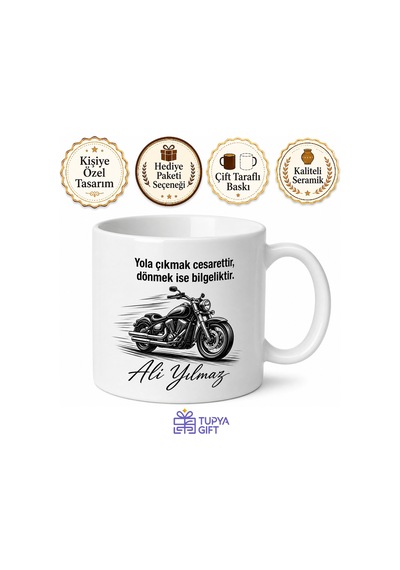 Motorcuya Hediye Motosiklet Temalı Baskılı Kupa Bardak Özel Tasarım Beyaz / Çok Renkli
